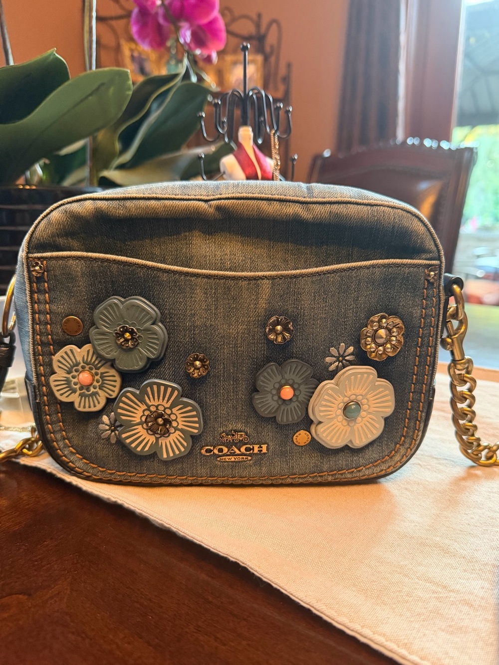 Coach Tea Rose Denim Floral Appliqué Crossbody Bag - Picture 1 of 14